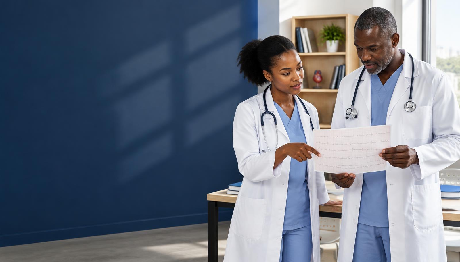 Two clinicians discussing an ECG in a medical learning workspace